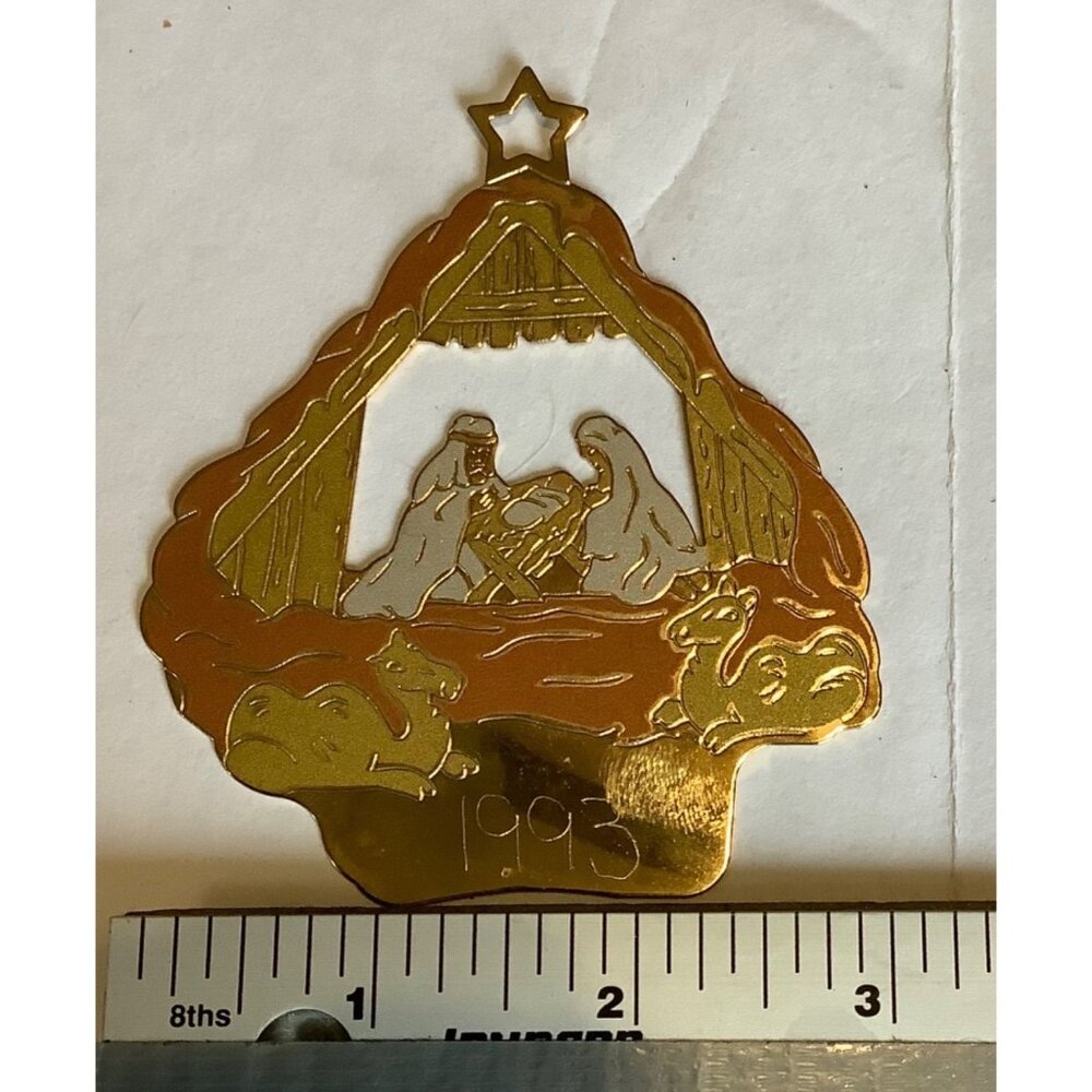 Vtg 1993 Gloria Duchin Christmas Nativity Scene Ornament Gold Tone USA Made